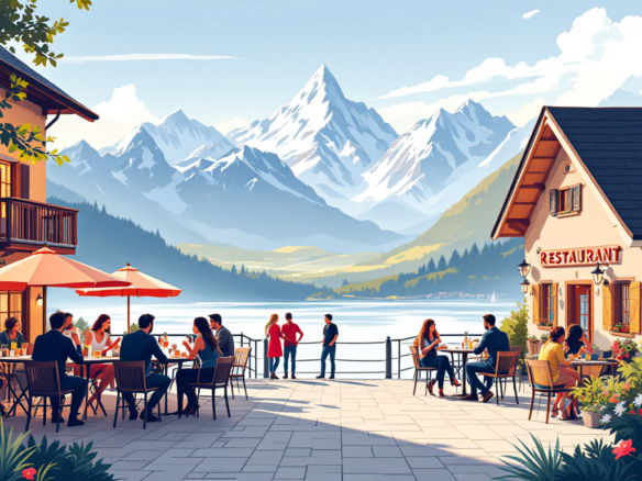 Vue d'une terrasse de restaurant prospère en Suisse avec une atmosphère animée