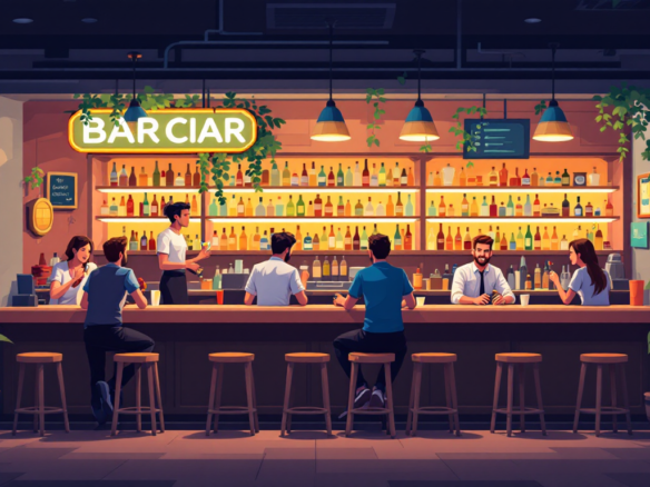 Illustration réaliste représentant un bar convivial avec des clients et une ambiance moderne