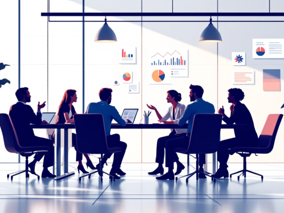 Réunion stratégique d'équipe pour l'achat d'une entreprise prospère, analyse de données et planification