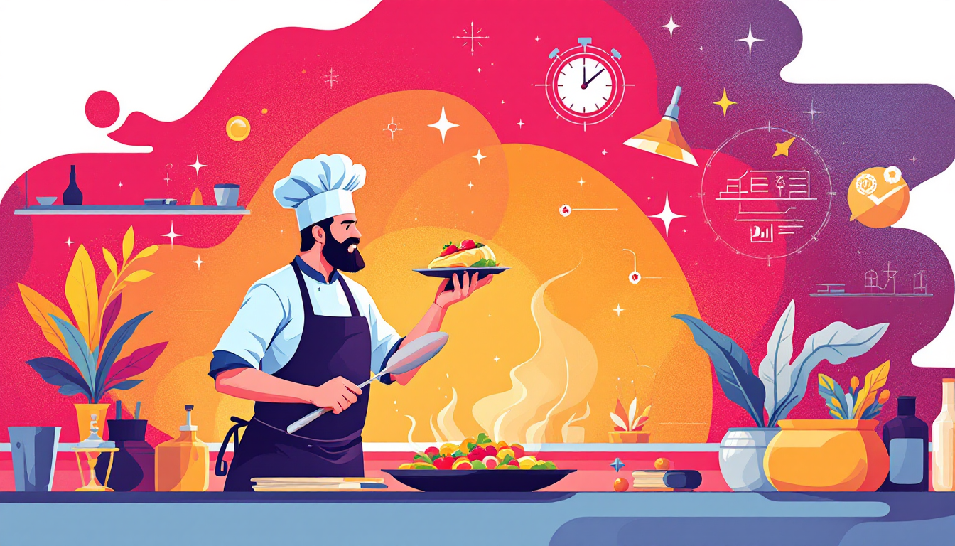 Chef Au Sommet D'une Feuille De Route Gastronomique, Symboles De Succès Et Planification En Arrière-Plan