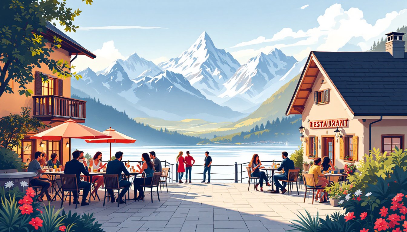 Vue d'une terrasse de restaurant prospère en Suisse avec une atmosphère animée