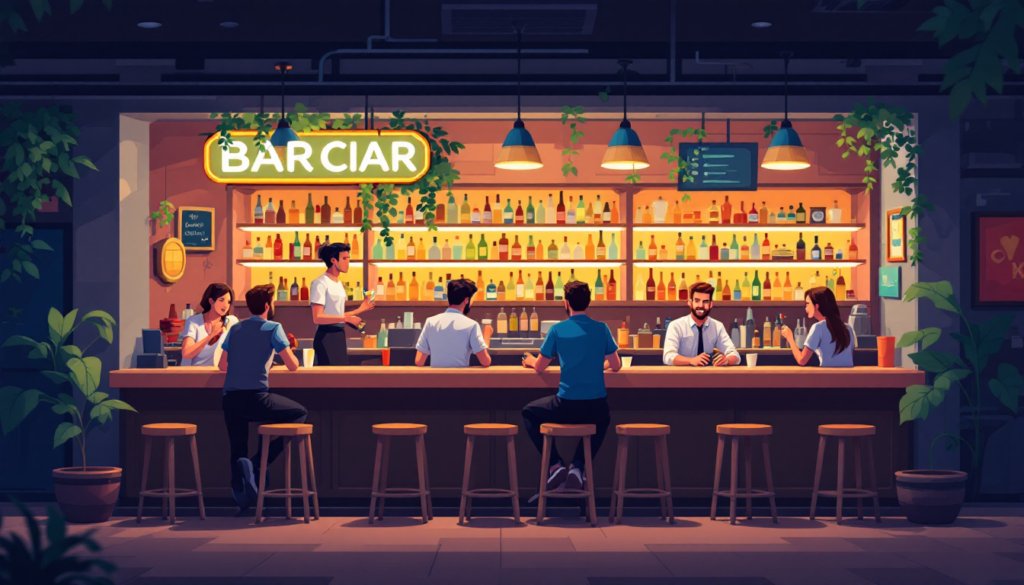 Illustration réaliste représentant un bar convivial avec des clients et une ambiance moderne