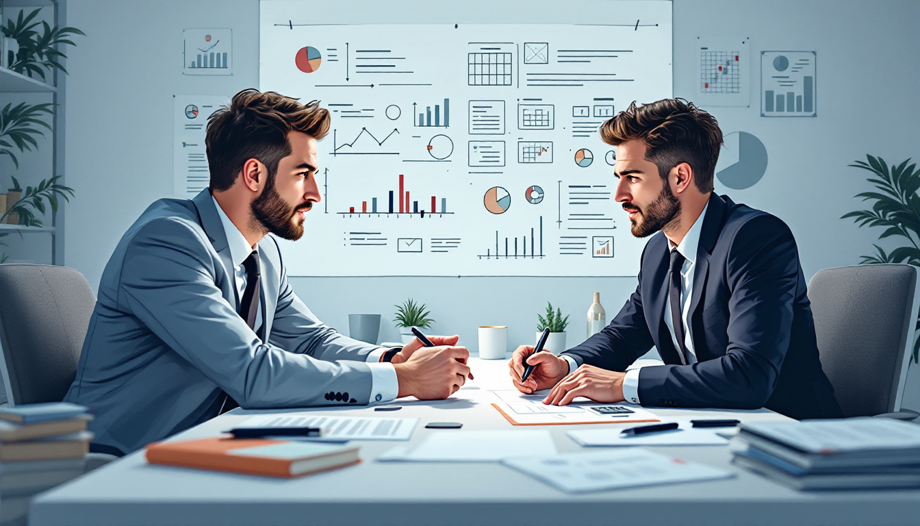 Discussion de négociation commerciale autour d'une table avec des documents et calculatrices.