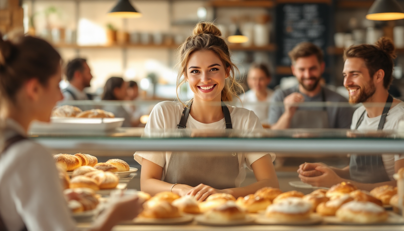 Scène dynamique dans une boulangerie animée avec pâtissière souriante et clients satisfaits.