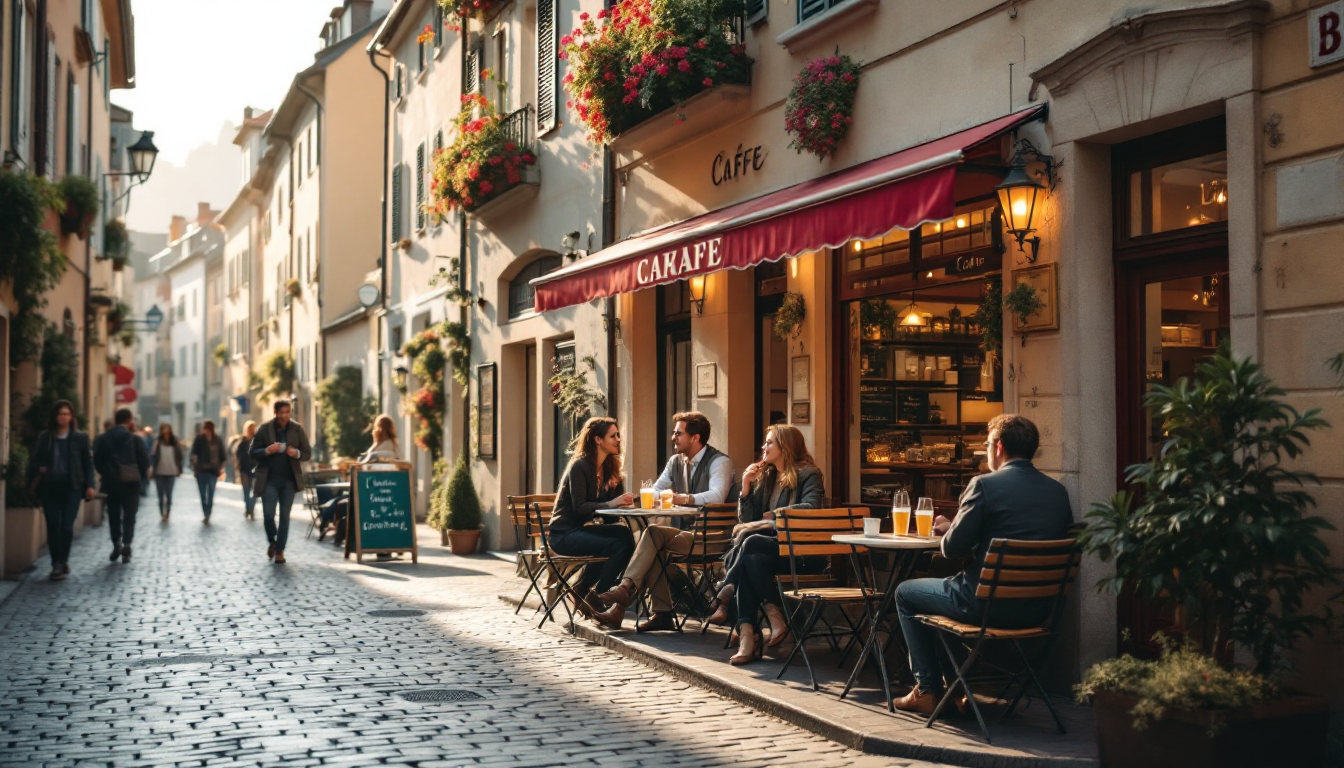 Charmant café suisse dans une rue pittoresque, symbolisant les opportunités de remise de commerce.