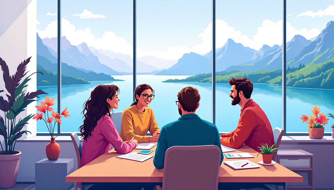 Opportunités de croissance pour entrepreneurs à Genève Jeunes Entrepreneurs En Réunion Dans Un Espace De Coworking Avec Vue Sur Le Lac Léman, Symbolisant Les Opportunités D'affaires À Genève.