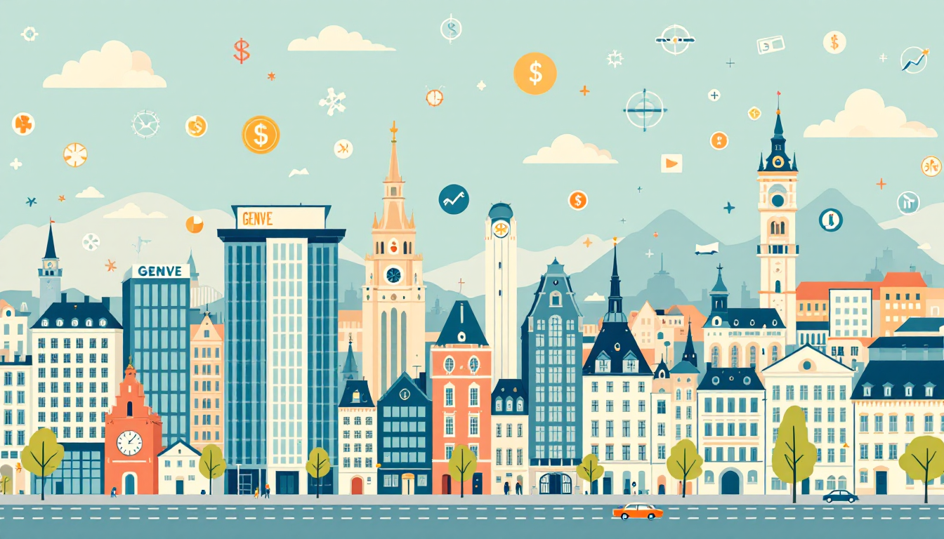 Options de financement pour acheter un commerce à Genève Illustration Des Options De Financement Pour L'achat D'un Commerce À Genève, Mélange D'architecture Urbaine Et D'éléments Financiers