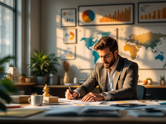 Un entrepreneur suisse planifie un business plan entouré d'éléments modernes et traditionnels.