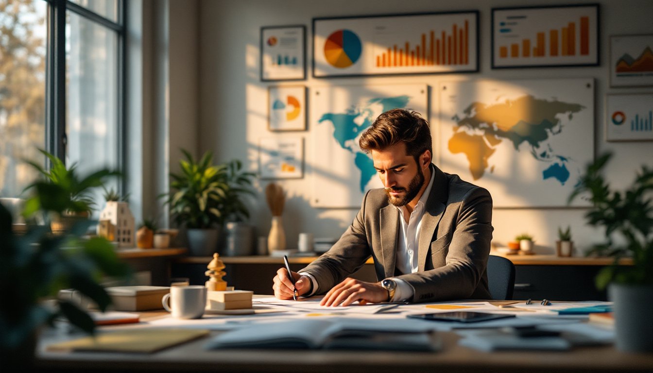 Un entrepreneur suisse planifie un business plan entouré d'éléments modernes et traditionnels.