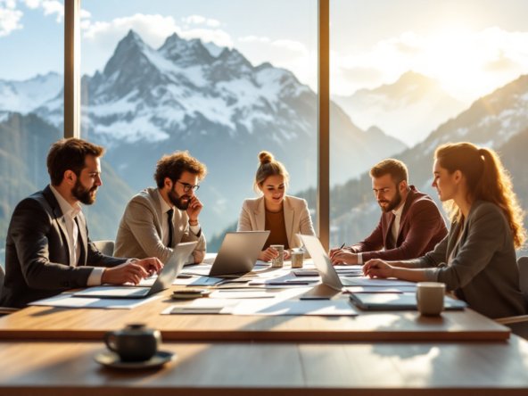 Des professionnels collaborent dans un bureau moderne en Suisse pour la vente d'une entreprise.