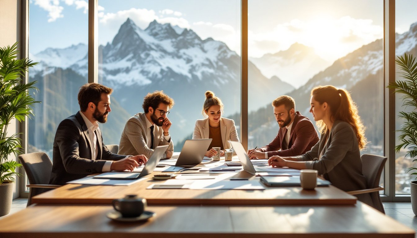 Des professionnels collaborent dans un bureau moderne en Suisse pour la vente d'une entreprise.