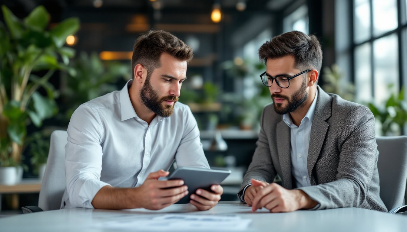 Un conseiller professionnel discute de la vente d'une entreprise avec un entrepreneur dans une salle de réunion moderne.