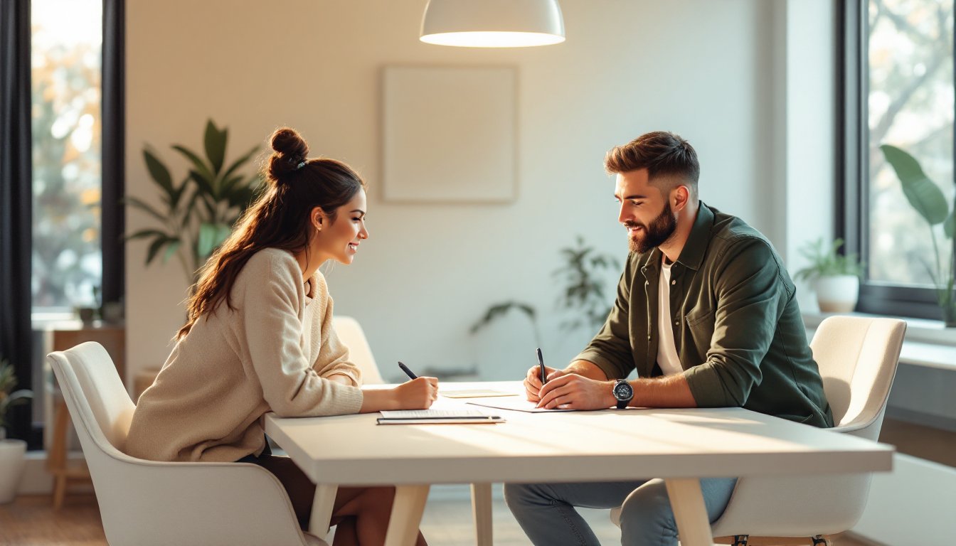 Couple en réunion dans un bureau moderne discutant les termes d'un contrat de cession d'entreprise