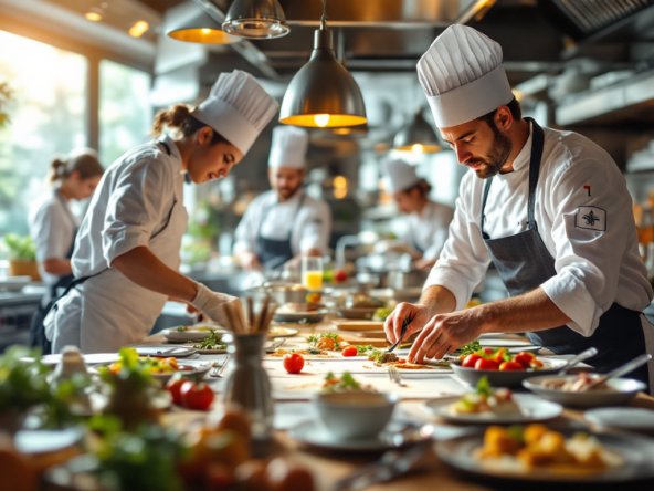 Scène animée dans la cuisine d'un restaurant suisse, symbolisant la réussite grâce à une planification efficace.