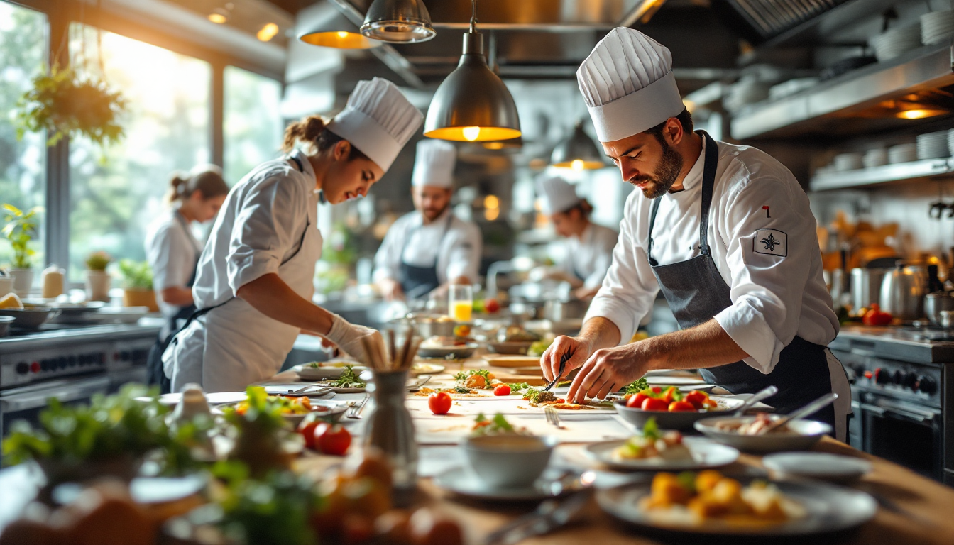 Scène animée dans la cuisine d'un restaurant suisse, symbolisant la réussite grâce à une planification efficace.