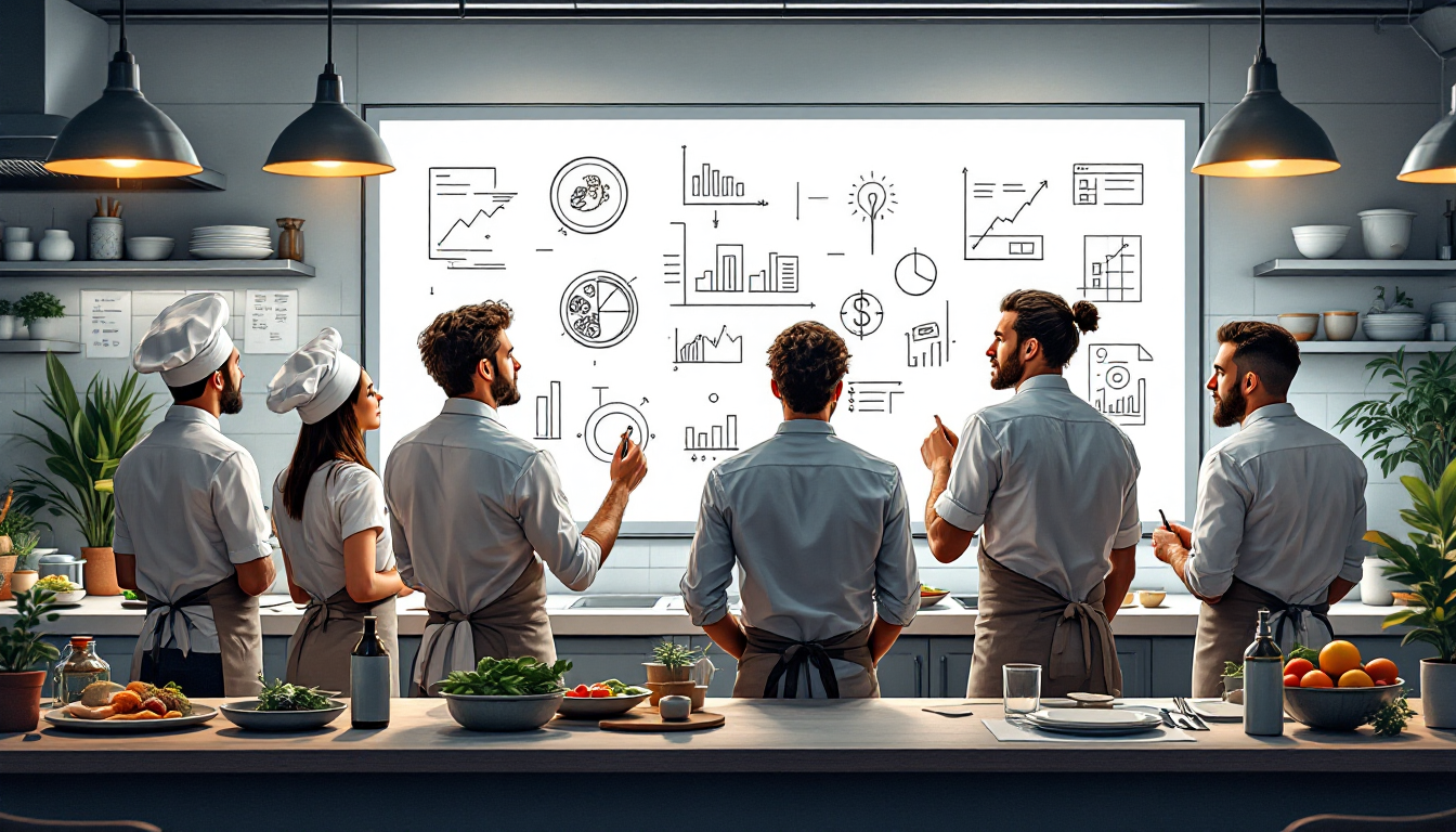 Chefs élaborant un business plan pour un restaurant dans une cuisine moderne.
