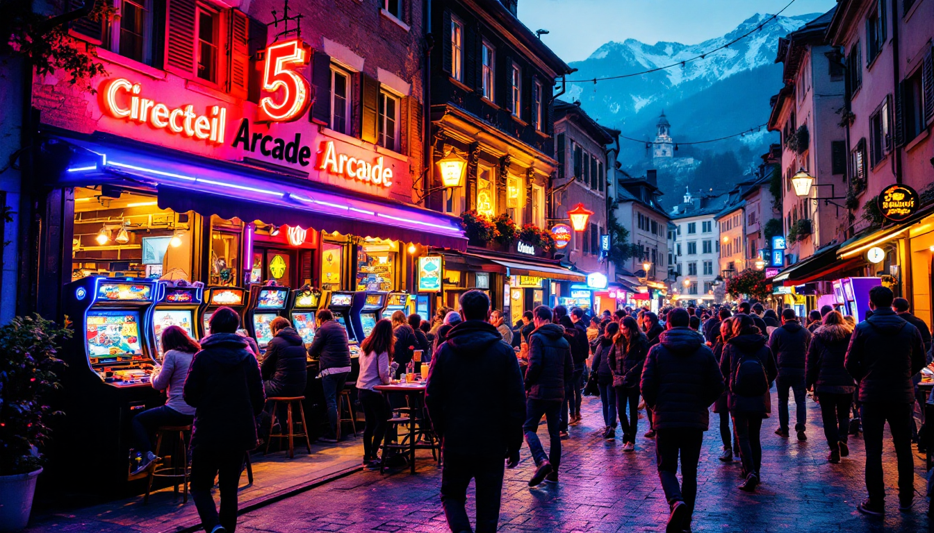Une arcade animée en Suisse avec des passants attirés par les jeux vidéo rétro.