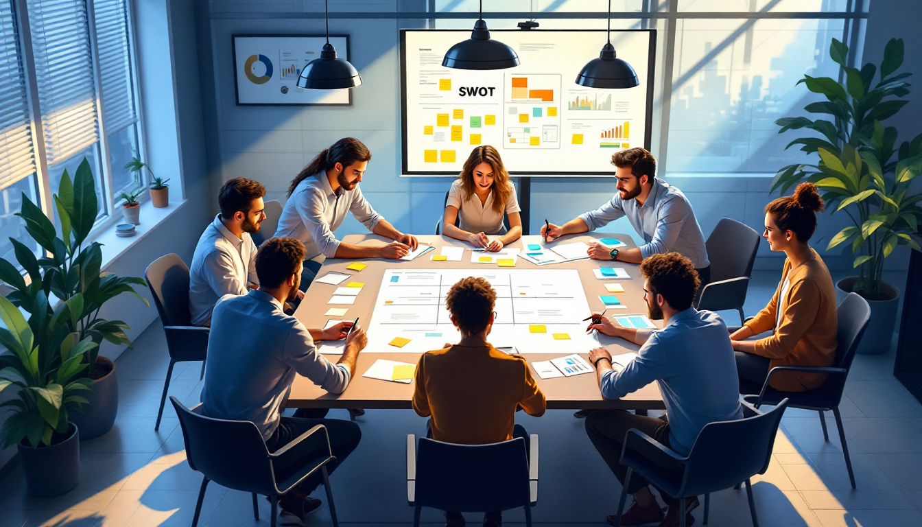 Illustration d'une équipe diverse utilisant une matrice SWOT interactive lors d'une réunion.
