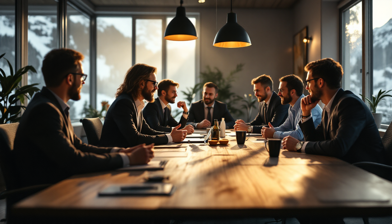 Entrepreneurs divers en réunion dans un bureau suisse, combinant modernité et tradition.