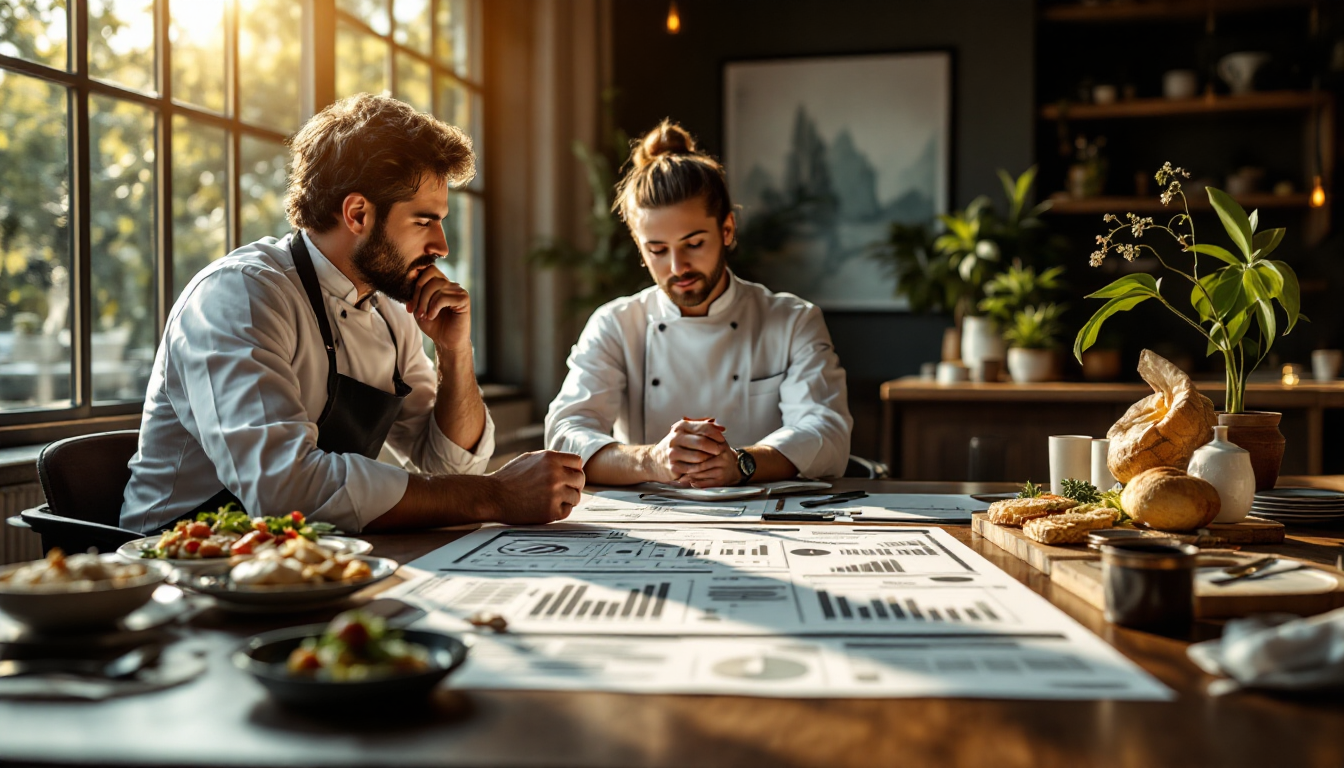 Chef d'entreprise réfléchissant à un business plan pour un restaurant avec divers éléments créatifs et financiers sur une table.