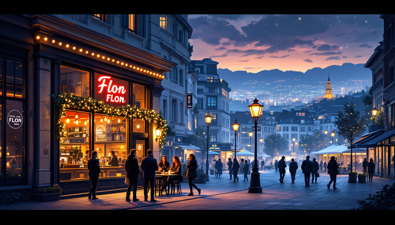 Soirée animée dans le quartier du Flon à Lausanne avec des bars et des passants.