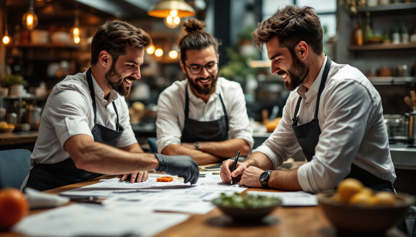 A bustling kitchen scene where future restaurateurs strategize with business consultants.