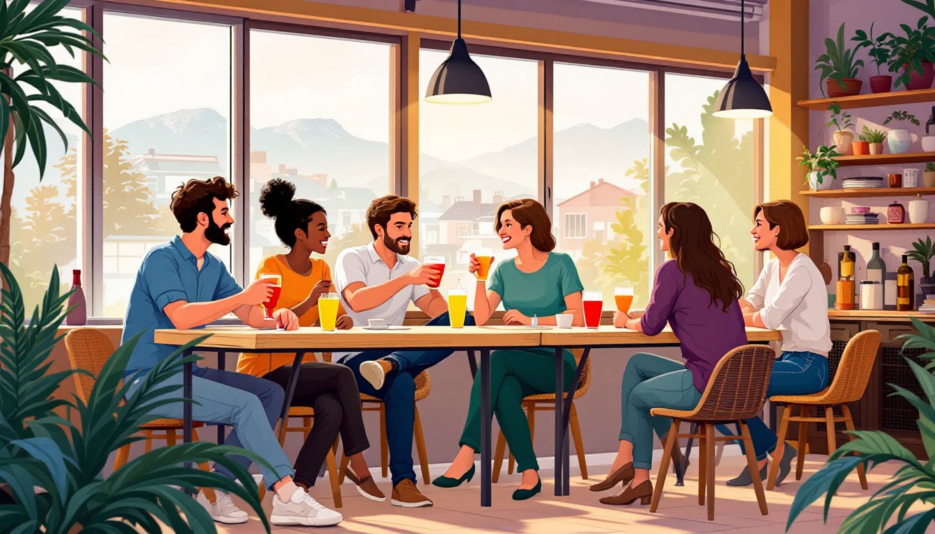 Un bar animé en Suisse Romande avec des jeunes professionnels profitant d'une soirée chaleureuse.