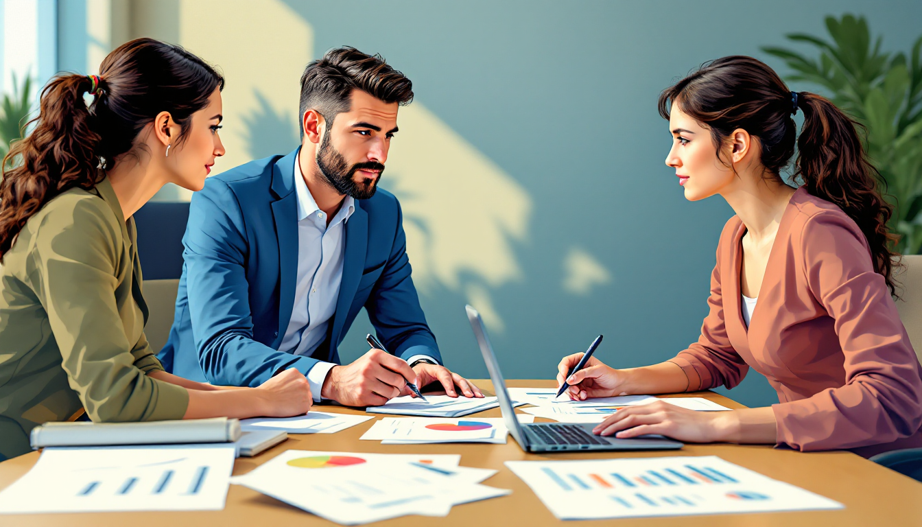Des professionnels discutent d'une évaluation d'entreprise avec des graphiques et un ordinateur.