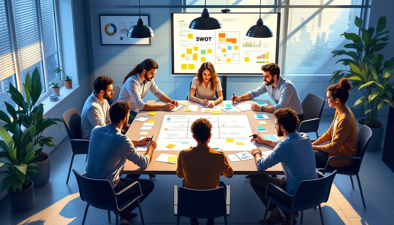 Illustration d'une équipe diverse utilisant une matrice SWOT interactive lors d'une réunion.