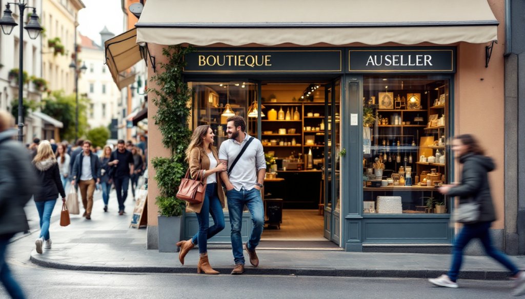 Couple explorant une boutique suisse à vendre, attirés par un emplacement stratégique et dynamique.