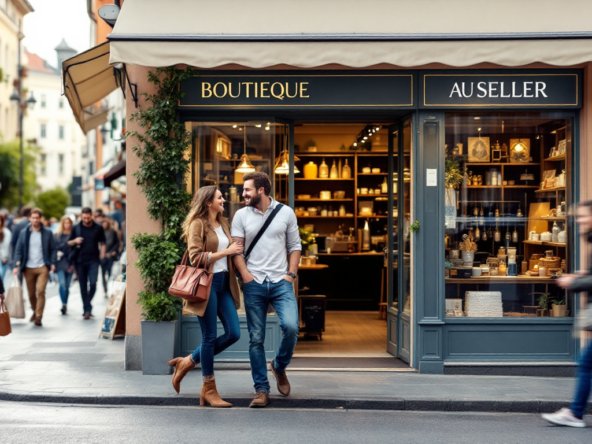 Couple explorant une boutique suisse à vendre, attirés par un emplacement stratégique et dynamique.