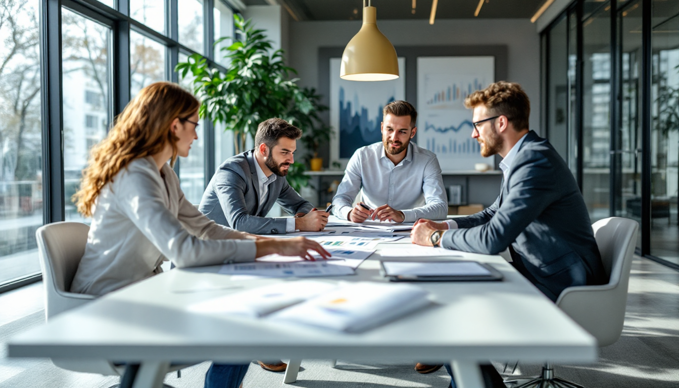 Professionnels en salle de conférence en Suisse, échangeant sur la cession d'une PME.