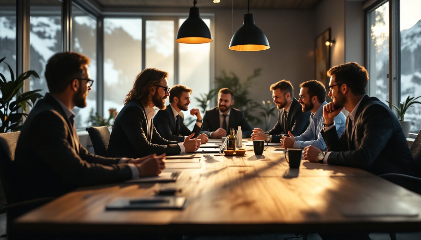 Entrepreneurs divers en réunion dans un bureau suisse, combinant modernité et tradition.