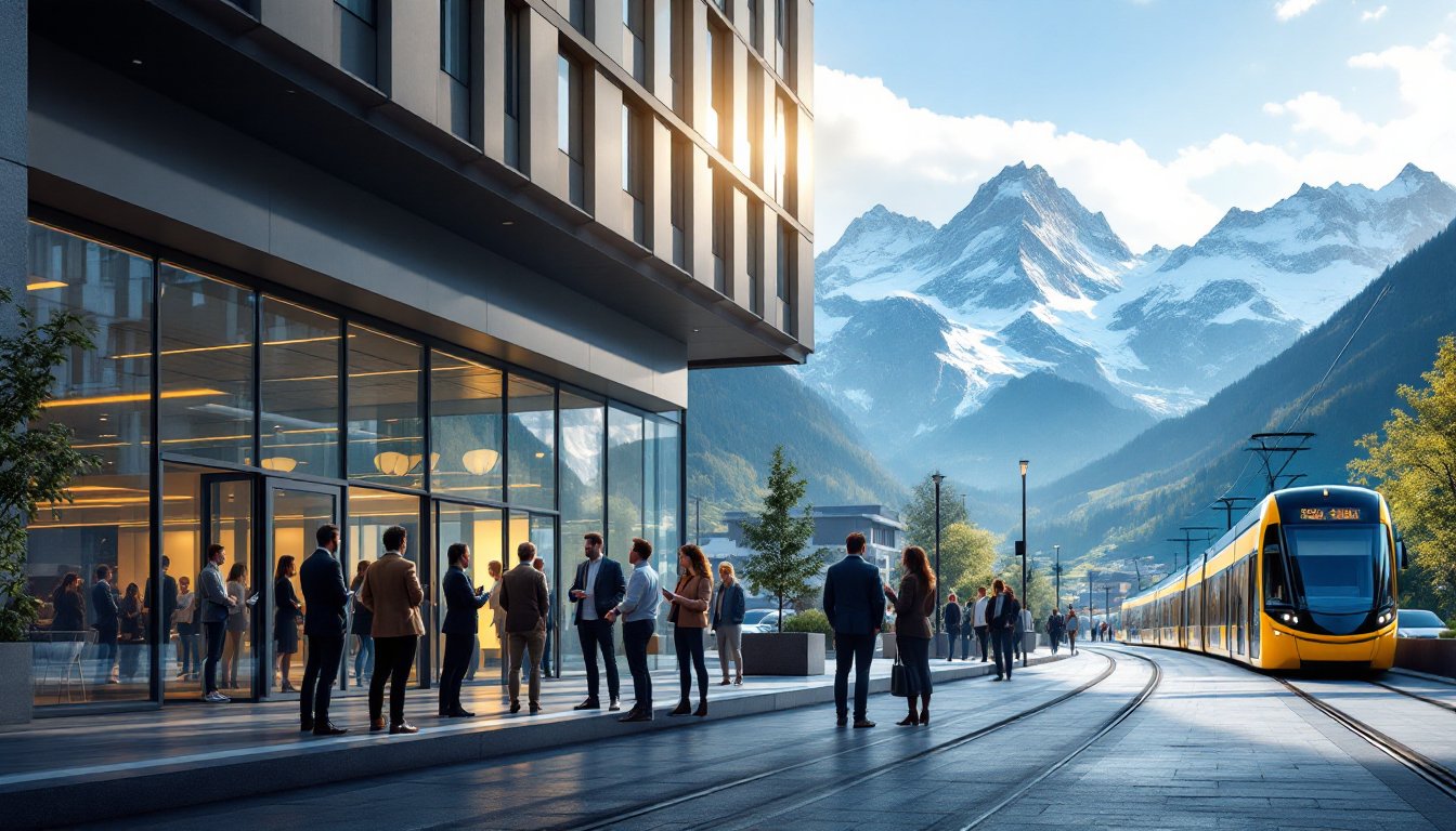 Des entrepreneurs discutent dans un centre-ville moderne en Suisse avec des montagnes en arrière-plan.