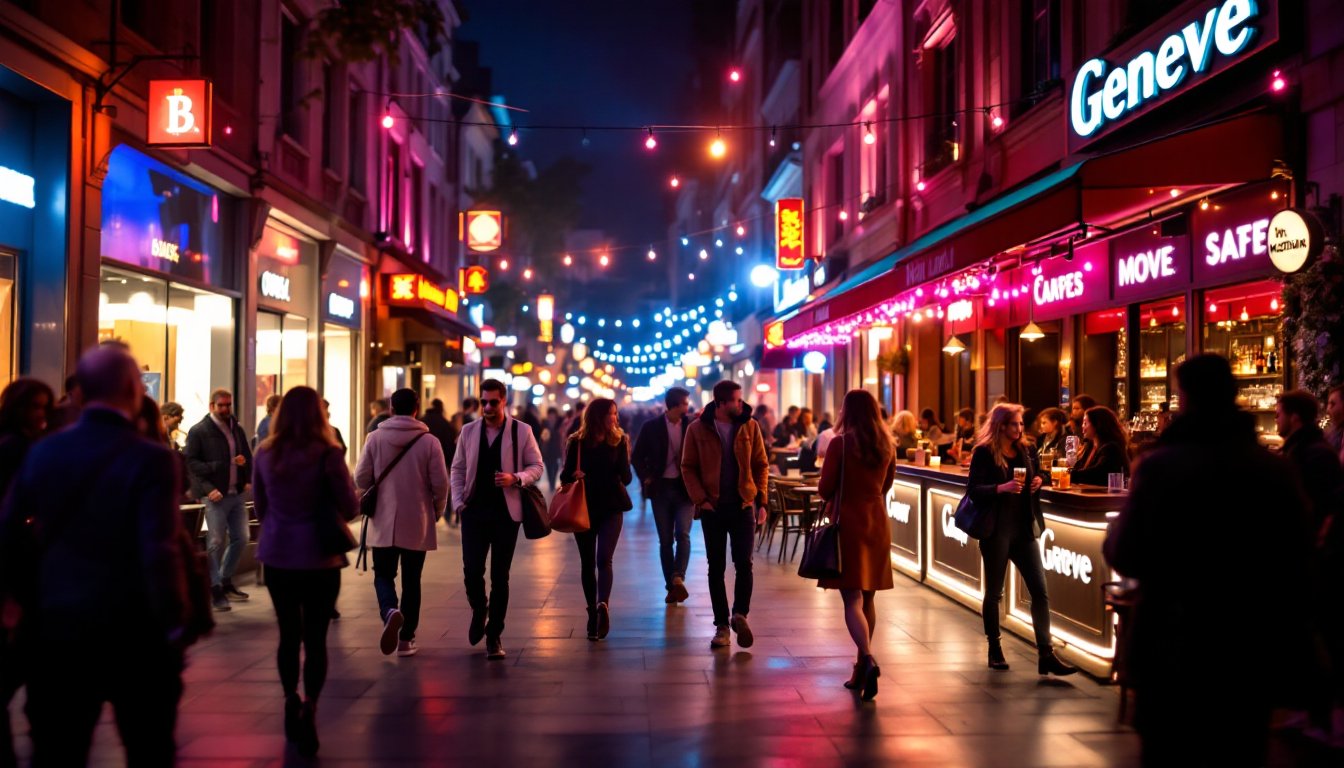 Scène animée d'une soirée dans un bar moderne à Genève, entourée de passants et de lumière urbaine vibrante.