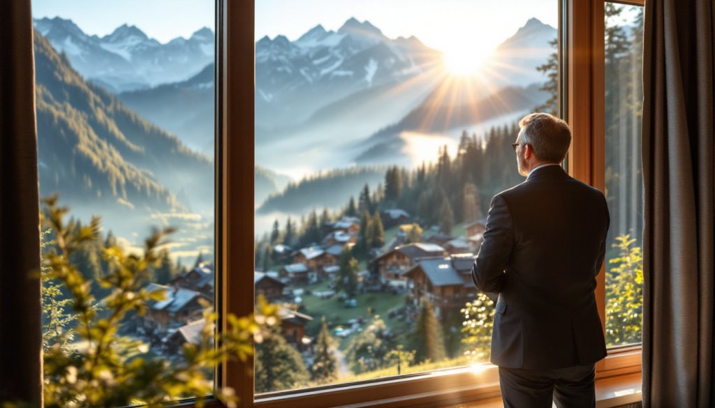 Un investisseur observe un paysage alpin suisse depuis une baie vitrée d'un hôtel.