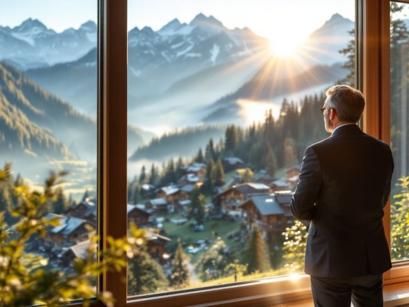 Un investisseur observe un paysage alpin suisse depuis une baie vitrée d'un hôtel.