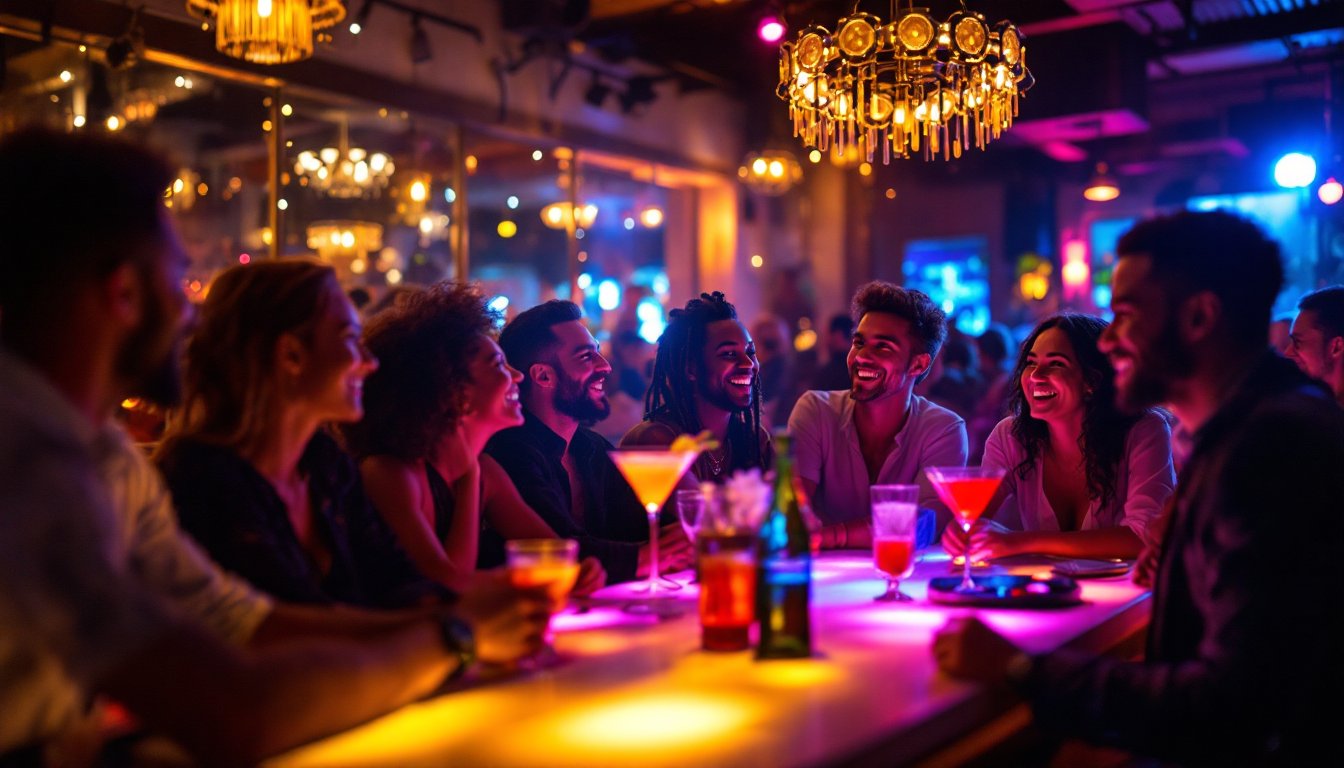 Ambiance nocturne vibrante dans un bar de Genève avec des cocktails et un DJ.