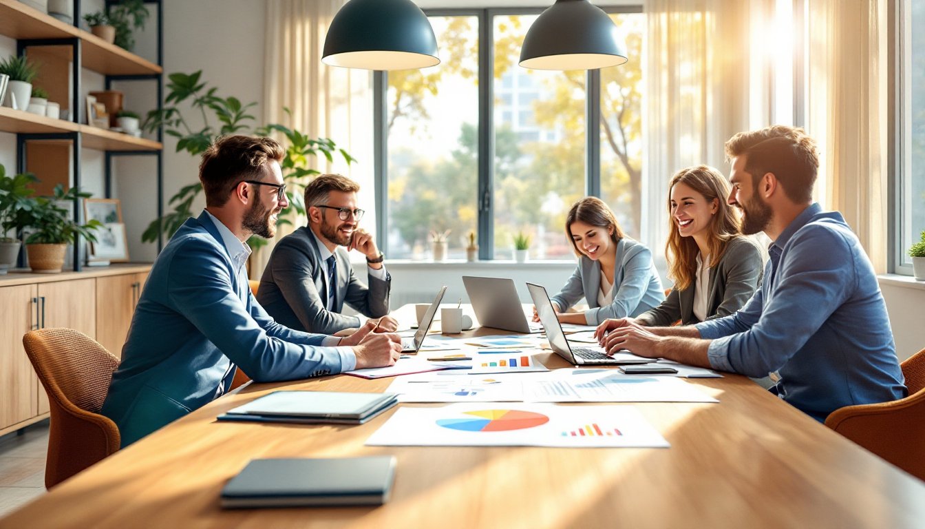 Des professionnels discutent de stratégies d'entreprise dans un bureau moderne.