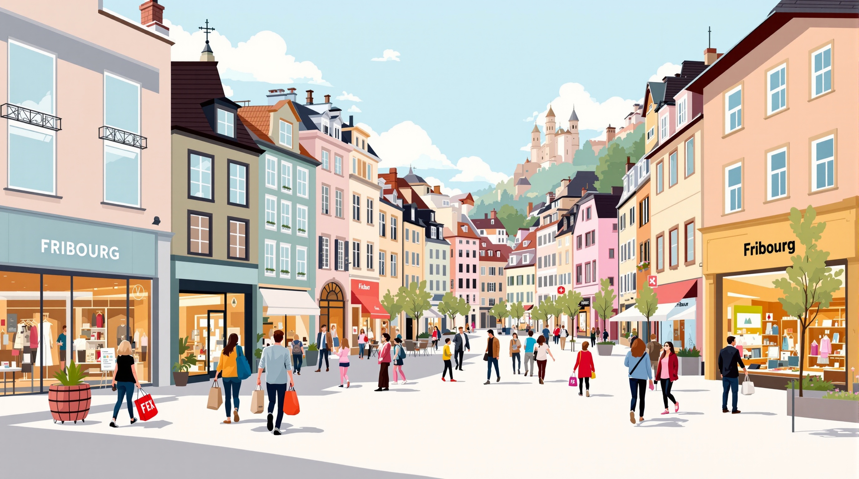 Vue Animée De Fribourg Avec Mélange De Commerces Modernes Et Traditionnels.