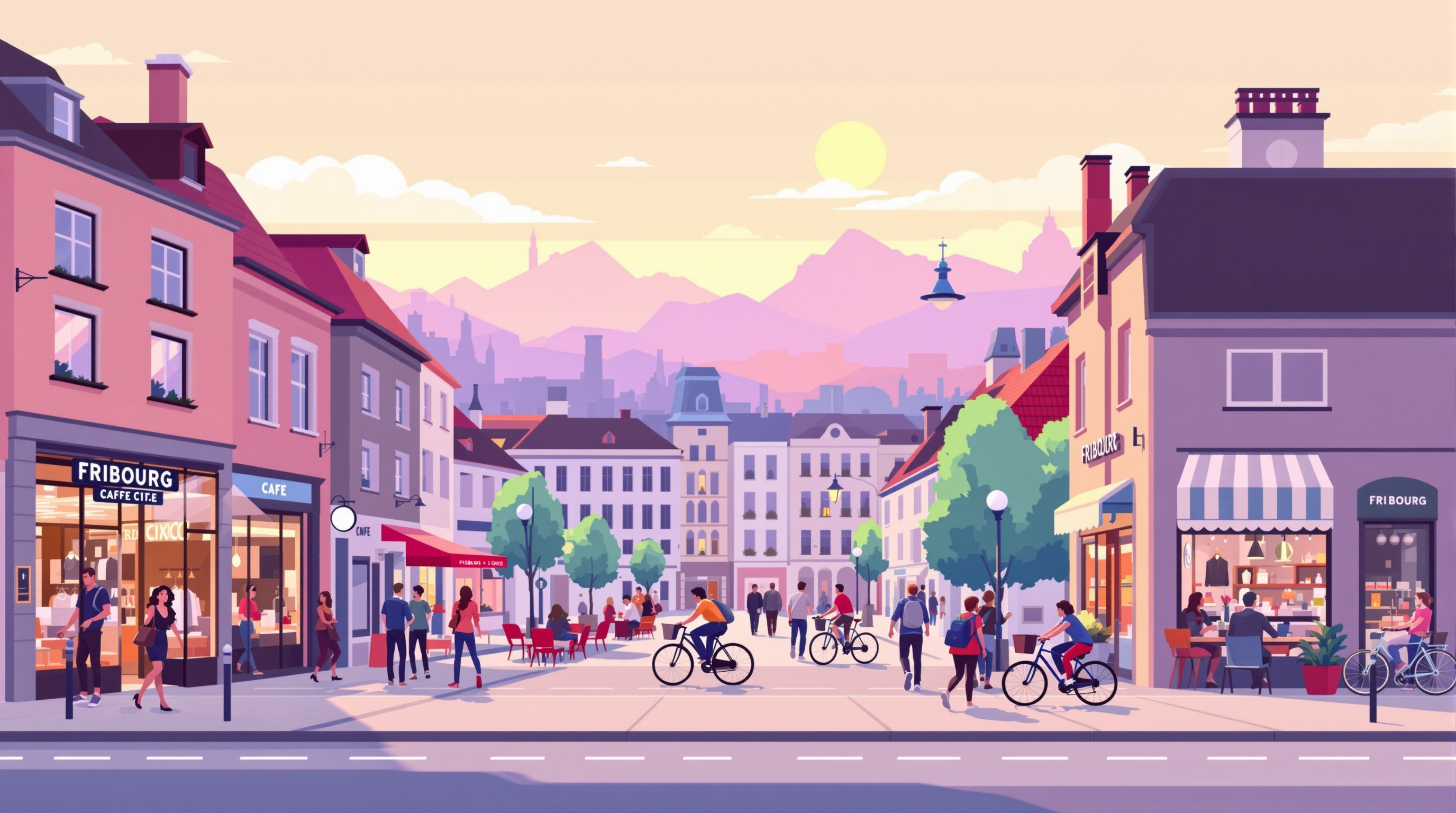 Une Rue Animée De Fribourg Avec Cafés Et Boutiques Locales, Illustrant Une Scène De Commerce Dynamique.