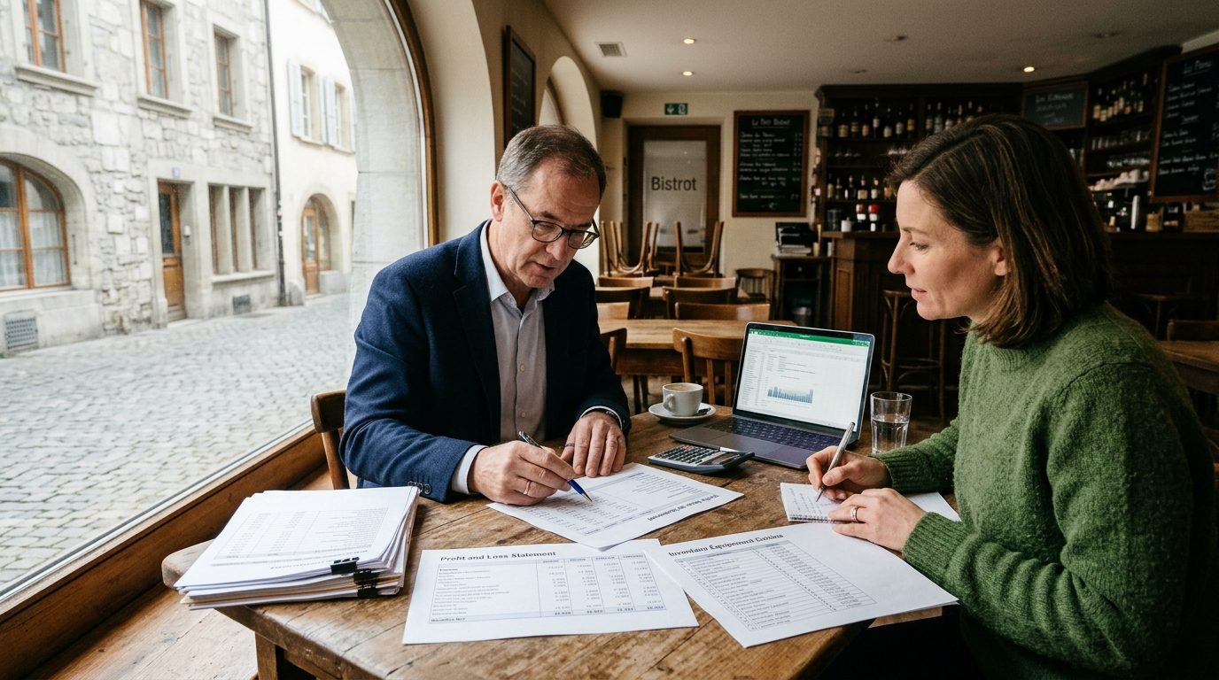 Un Repreneur Et Un Fiduciaire Examinent Des Comptes Et Un Inventaire Dans Un Restaurant
